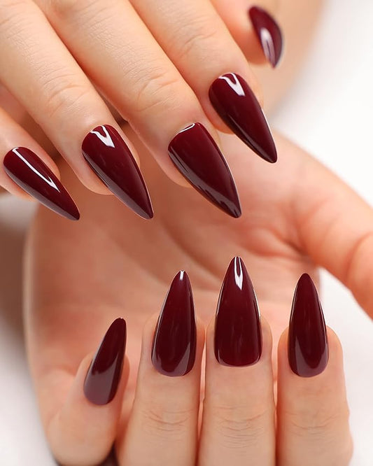 morily 24Pcs Wine Red Press on Nails Medium Length Stiletto False Nails Long Fake nails Glossy Acrylic Stick on Nails Solid Color Almond Full Cover Artificial Nails for Women (Wine Red)