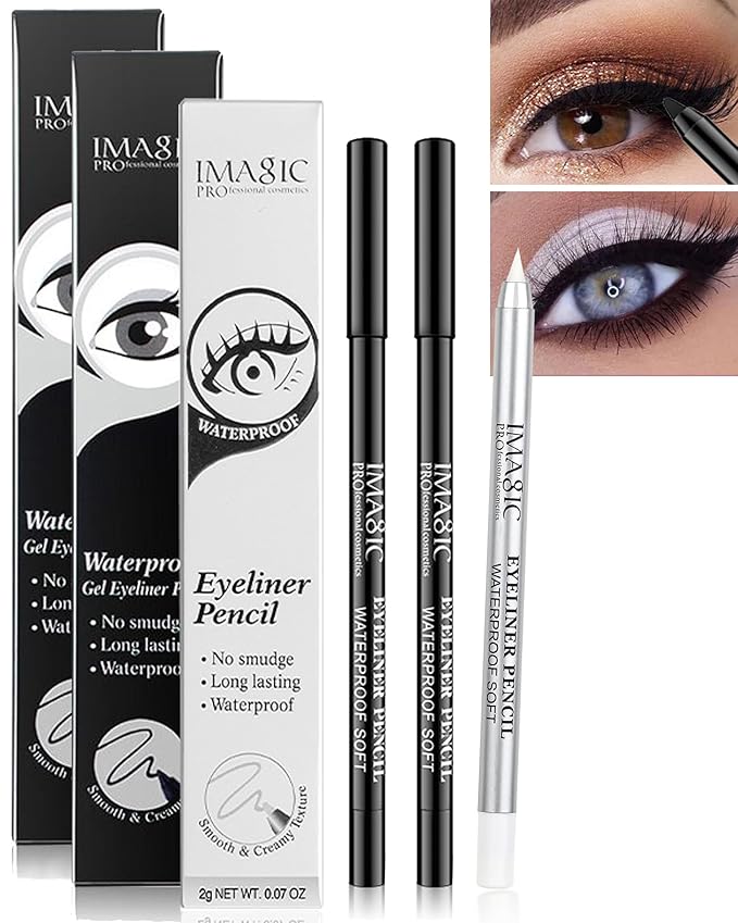 Black & White Waterproof Gel Eyeliner Pens, White Highlighter Eye Liner Pencil, Matte Long Lasting Super Smooth formula Eye Liner Eyeshadow Makeup Pencil, Gift Set for Women(3Pcs)
