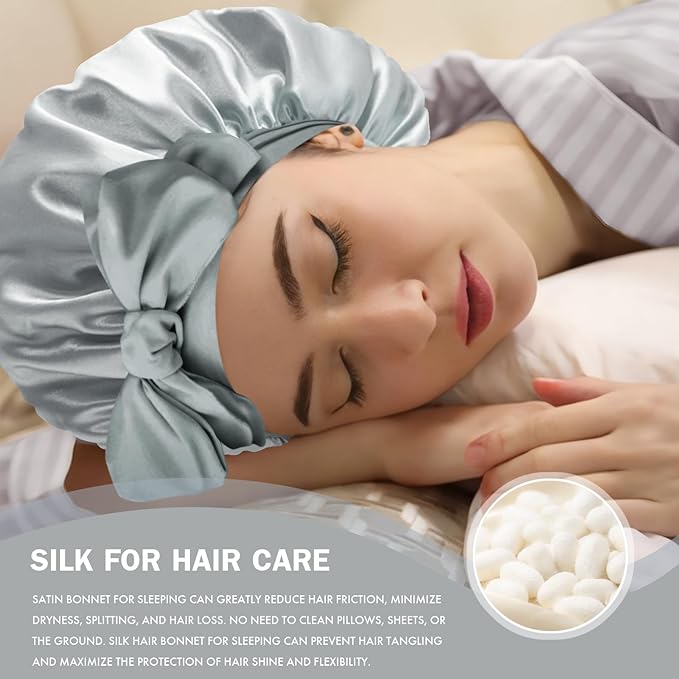 Silk Bonnet for Sleeping Women, Adjustable Soft Satin Lined Bonnet with Tie Band, Double Layer Sleep Night Cap