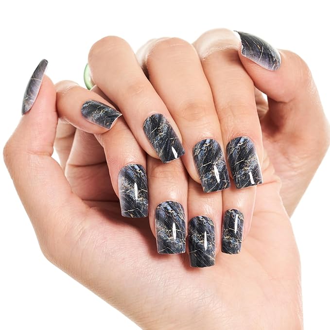 GLAMERMAID Ombre Press on Nails Medium Square, Fall Peacock Blue Marble Jelly Soft Gel Nails Square Fake Nail, Glossy Stick Glue 0n Nail Kit for Women, Reusable Stick on Acrylic Fake Nail Manicure Set