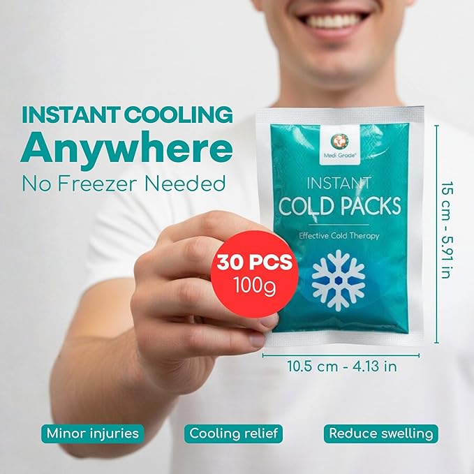 Medi Grade Instant Cold Packs, 100 Packs of 3.5oz (4.5”x6”) Disposable Cold Packs for Cooling Relief, No Freezer Needed - Cold Pack for Injuries, Knee and Ankle Cool Pack Wrap with Stabilisation Band