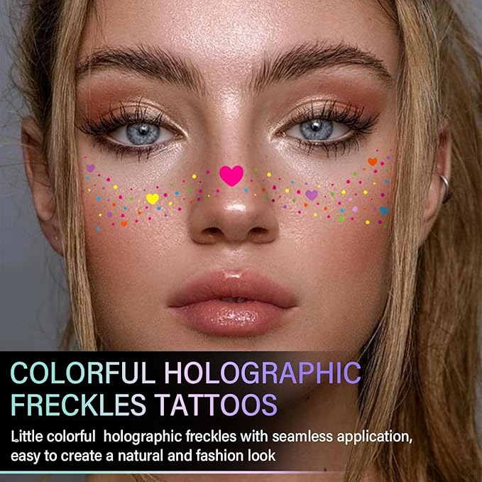 10 Pcs Colorful Glitter Freckles Face Tattoos, Carnival Multichrome Rainbow Glitter Freckles Face Tattoos, Waterproof and Long-lasting Face Temporary Tattoos for Women