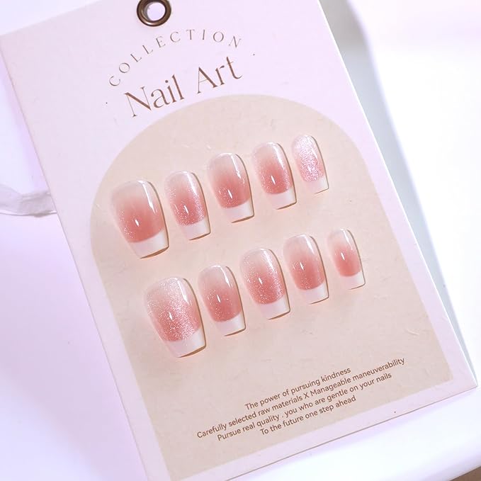 XZMeiLun Press On Nails Short Square, French Tip Chrome Acrylic Press On Nails Short Coffin, Designer Reusable Glazed Fake Nails, Glossy Soft Gel Nails Wedding, Stick Glue On Nail Press Ons for Women