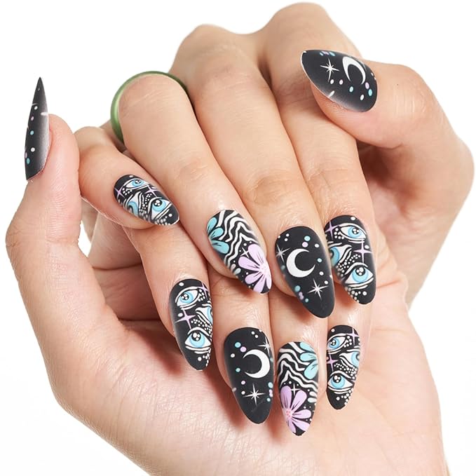 GLAMERMAID Black Press on Nail Medium Almond, Emo Jelly Gel Fake Nail, Gloss Natural Glue on Nail Short Oval with Gothic Eye Desgin, Reusable Acrylic Stiletto Stick on False Nail Kit for Women