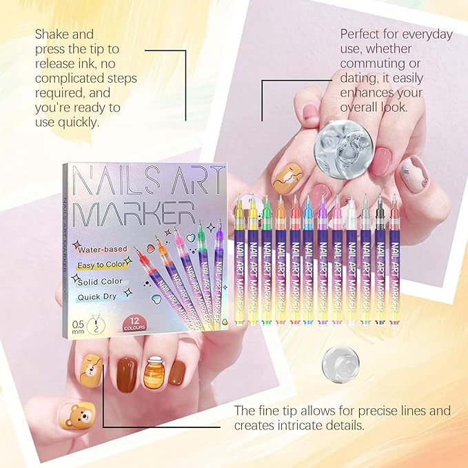 12 Colors Nail Art Pens Set,0.5mm Fine Tip Nail Polish Pens Set,Quick-dry Waterproof Drawing Painting Pens,Portable Upgrade Nail Art Tools for Home Salon and DIY Nail Art Design