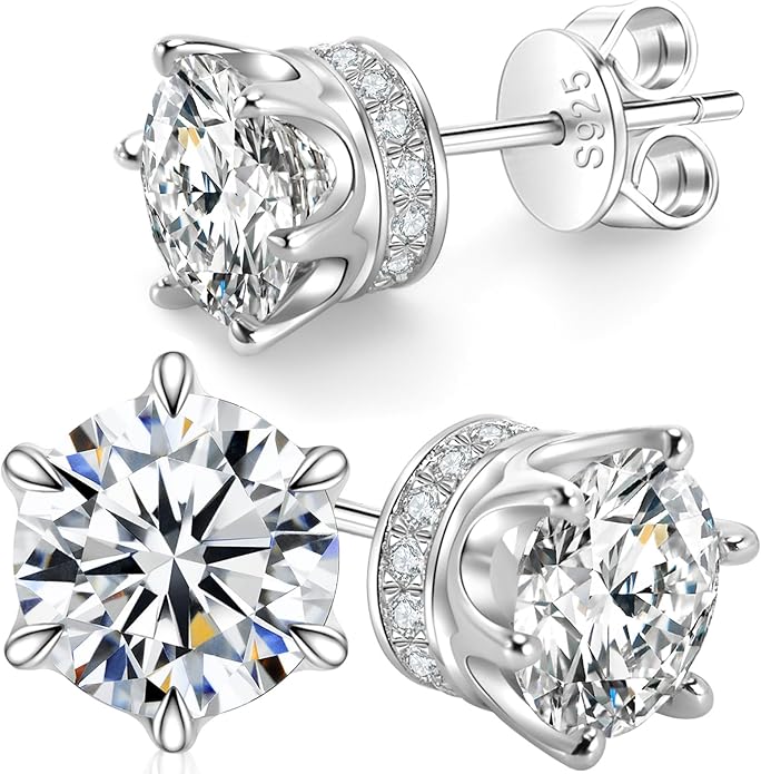 Moissanite Stud Earrings 1.2ct-2.4 ct DF Color Grade Round Cut Lab-Grown Moissanite Earrings 18K White Gold Plated Sterling Silver Friction Back for Women Men