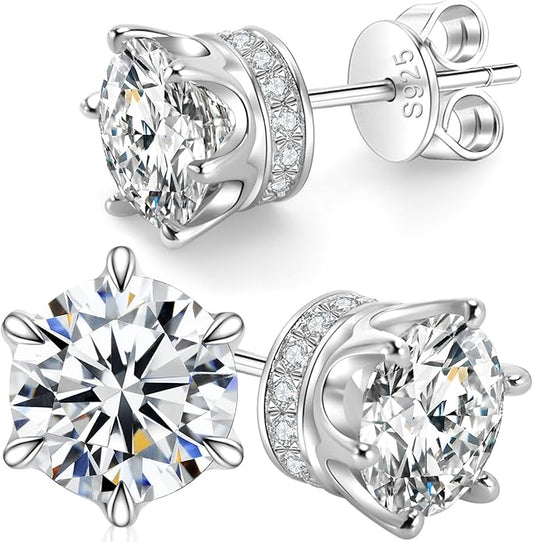 Moissanite Stud Earrings 1.2ct-2.4 ct DF Color Grade Round Cut Lab-Grown Moissanite Earrings 18K White Gold Plated Sterling Silver Friction Back for Women Men