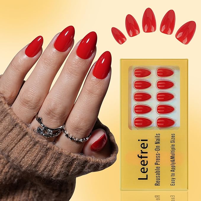 Leefrei Red Press on Nails - Glossy Short Almond Press on Nail, Fake Nails Reusable Nails Press ons for Women, 32 Pieces in 16 Sizes False Nails Kit with Glue, Cherry Heat