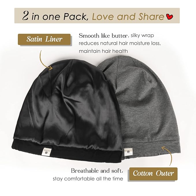 YANIBEST 2 Pcs Silk Satin Hair Cover Sleep Cap - Adjustable Slouchy Beanie Hat for Women