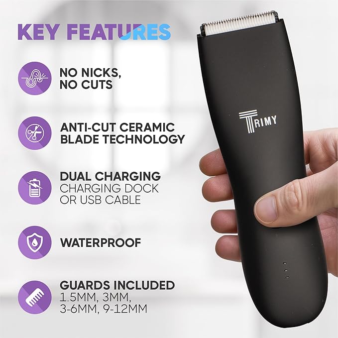 TRIMY Body Hair Trimmer for Men and Women, Ball and Groin Trimmer, Bikini Trimmer, Pubic Hair, Manscaping, Waterproof, Wireless Grooming, Body Shaver, Manscape (Purple)