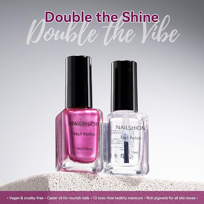 Nailshion Metallic Purple Rose Nail Polish with Base Top Coat 3-in-1 Clear Fast Air Dry Fingernail Polish Duo, Non-Gel, Nail Strengthener Polishes, Opaque, Glossy Luxury Nail Art Gift for Women Girls