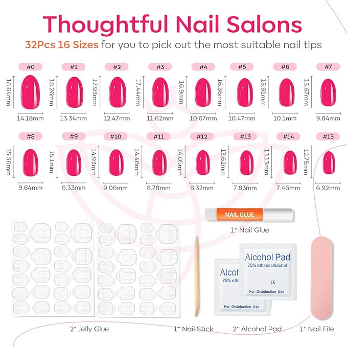 Modelones Press on Nails Short, Valentines Oval Fake Nails, Reusable Nail Kit with Nail Glue Adhesive Tabs Mini Nail File, Nails Press Ons 32Pcs 16Sizes, Women Girl Gift, Chrome Pink