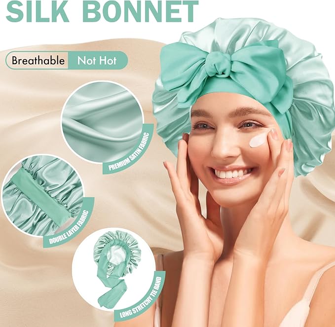 Silk Bonnet for Sleeping Women, Adjustable Soft Satin Lined Bonnet with Tie Band, Double Layer Sleep Night Cap