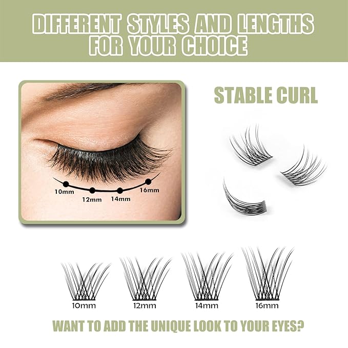 DIY Eyelash Extension, 3D Effect Glue Bonded Band Individual Lash 48 Clusters Volume Lashes Set, Home Eyelash Extension, C curl Lashes Pack 16MM-Natural-48 Clusters