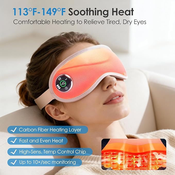 Heated Eye Mask with Massager, 3D Contoured Light-Blocking Sleep Mask for Dry Eyes, LED Display & 3-Level Heat/Vibration Modes,Gift for Men & Women, Ideal for Home, Office & Travel Use (Pink)
