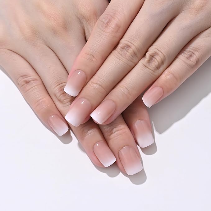 XZMeiLun Brown Nude Ombre Press On Nails Short Square, Gradient French Tip Designer Fake Nail Reusable Real Acrylic Nails for Women, Glossy Soft Gel False Nail with Glue On Nails,Wedding Stick On Nail