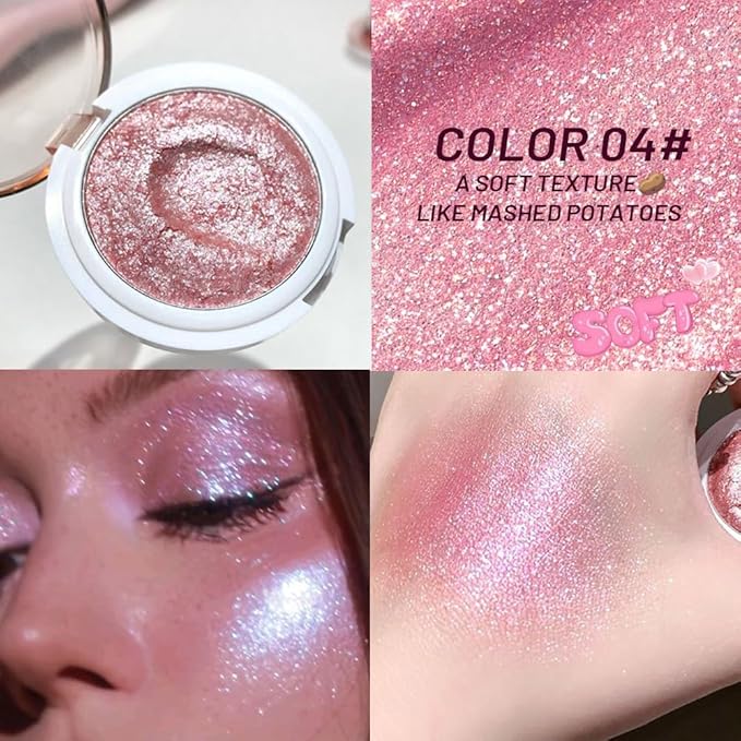 Highlighter Makeup Palette for Blush,Contour,Shadow,Face or Eye Makeup, Shimmer Glow, Creamy Mousse Pressed Powder, Intensely Pigmented, Glitter Sparkling (B03-04# Glass Pink)