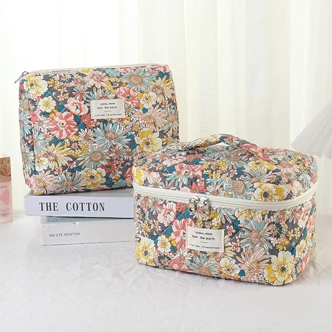 Makeup Bag, 3 PCS Quilted Makeup Bag, Cute Floral Cotton Cosmetic Bag set, Coquette Makeup Pouch Large Travel Toiletry Bag