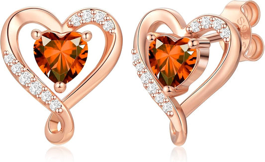 Zifeel Earrings for Women, S925 Sterling Silver Rose Gold Birthstone Heart Studs Earring for Girlfriend Wife, Anniversary Birthday Christmas Valentines Mothers Day Gifts Jewelry for Women Wife Her Mom
