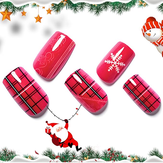 GLAMERMAID Red Press on Nails Medium Square, Snowflake Jelly Gel Nails Square Fake Nails with Design, Grid Glossy Stick Glue on Nails Kit for Women, Reusable Stick on Acrylic Fake Nails Manicure Set