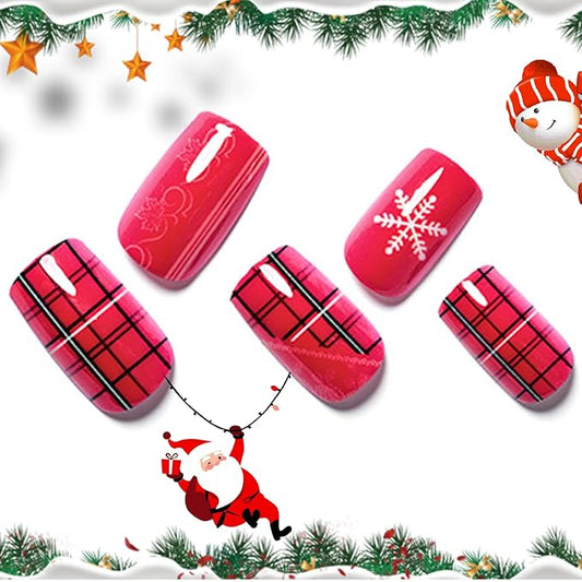 GLAMERMAID Red Press on Nails Medium Square, Snowflake Jelly Gel Nails Square Fake Nails with Design, Grid Glossy Stick Glue on Nails Kit for Women, Reusable Stick on Acrylic Fake Nails Manicure Set