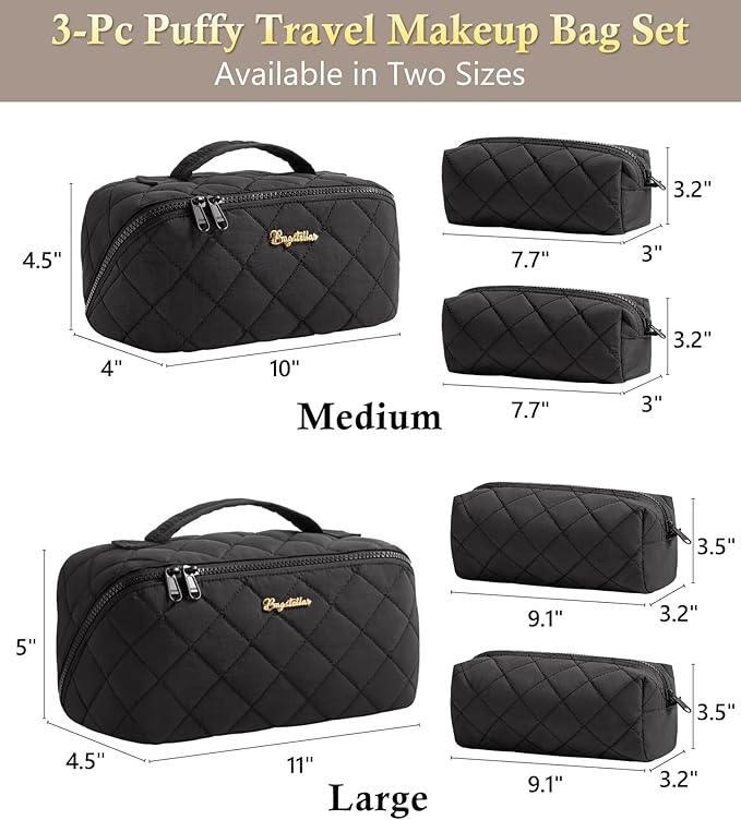 Travel Makeup Bag, 3 Pcs Large Capacity Puffy Toiletry Bag for Women, Open Flat Quilted Make up Cosmetic Organizer w/Handle & Clear Divider Water-resistant Portable Pouch Travel Essentials, L-Black