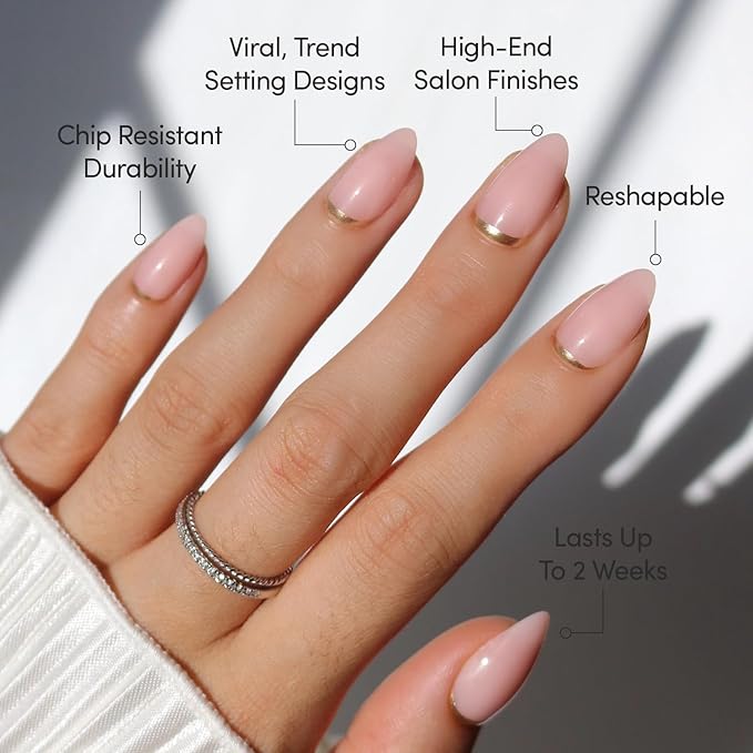Glamnetic Press On Nails - Goal Chaser | Short Almond Neutral Fake Nails with Gold Reverse French Tip, Salon Quality Nude Nails | 15 Sizes - 30 Nail Kit with Glue