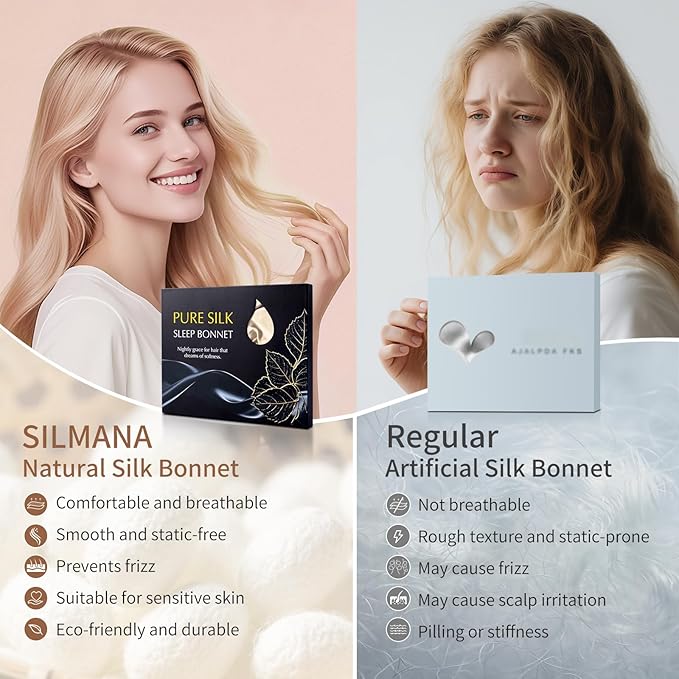 Silk Bonnet for Sleeping Women, 22 Momme 100% Mulberry Silk Sleep Cap, Double-Layer Reversible Silk Hair Wrap for Women & Night Hair Care, Fits All Hair Types – Champagne