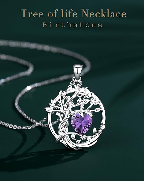 FANCIME Tree of life Birthstone necklace Sterling Silver Pendant Birthstone Necklace Gemstone Anniversary Birthday Jewelry Christmas Gifts for Mom Her Wife