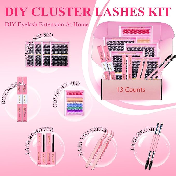 Lash Clusters Kit Eyelash Clusters Kit 4 Boxes + 1 Colorful Cluster Eyelash Extensions Pestañas Postizas Naturales with Lash Bond and Seal*2,Remover*2,Tweezers*2,Mascara Brush*2(13 Counts Lash Kit)