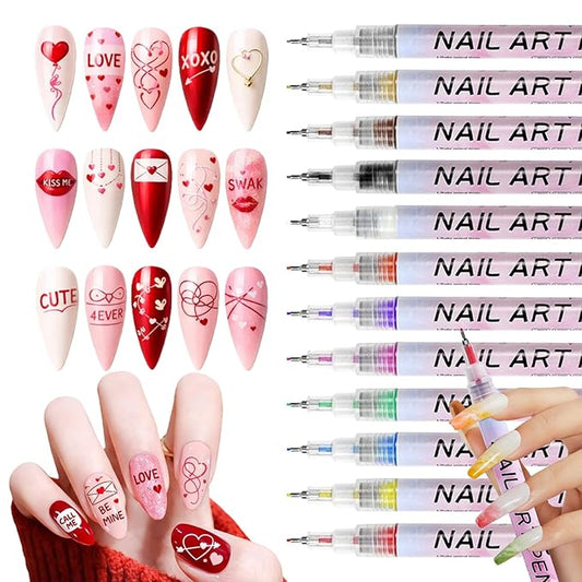 MKNZOME Nail Art Pens Set, 12 Color 0.5 MM Nail Art Markers Nail Polish Pens Drawing Painting Point Liner Painted Kit, Waterproof and Quick-drying Nail for DIY Design Manicure Tools