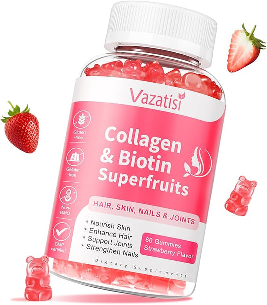 Vazatisi Sugar Free Collagen Gummies for Women Men, Multi Collagen Peptides Gummies Type I II III V X with Biotin Vitamin A B C D E for Hair Skin Nails, Strawberry Flavor, 60 Count