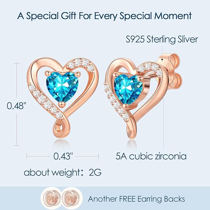 Zifeel Earrings for Women, S925 Sterling Silver Rose Gold Birthstone Heart Studs Earring for Girlfriend Wife, Anniversary Birthday Christmas Valentines Mothers Day Gifts Jewelry for Women Wife Her Mom