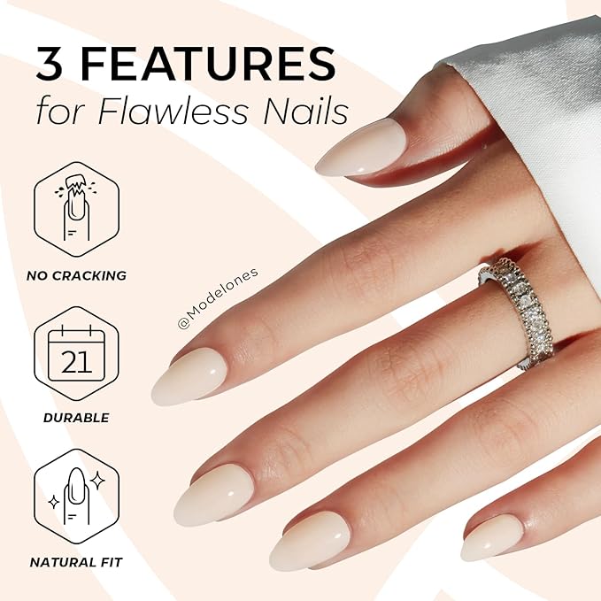 Modelones White Nude Press on Nails, Valentines Short Almond Fake Nails, Reusable Nail Kit with Nail Glue Adhesive Tabs Mini Nail File, Nails Press Ons 32Pcs 16 Sizes, Women Girl Gift