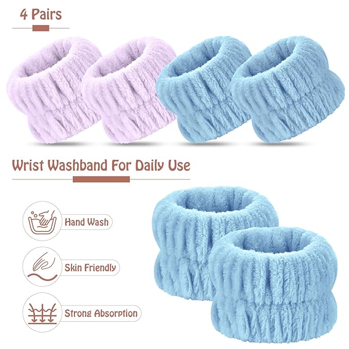 Darfukei Wrist Bands for Washing Face, 4pcs Spa Face Washing Wristbands, Microfiber Arm Wrist Towels, Absorbent Wash Wristbands for Woman Men, Prevent Water from Spilling Down Your Arms
