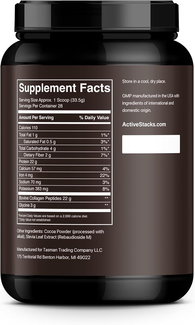 Active Stacks Collagen Peptides Protein Powder, Chocolate - Supports Healthy Hair, Skin, Bones and Joints for Men and Women - Easy-to-Mix Type 1 & 3 Hydrolyzed Collagen from Grass-Fed Beef, 2 Pound