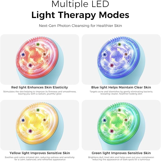 Face Scrubber Facial Cleansing Brush - Waterproof and Rechargeable Face Cleansing Brush with 4 LED Gentle Light, Cleansing, Exfoliating and Massaging, Electric Face Scrub Brush for Men & Women
