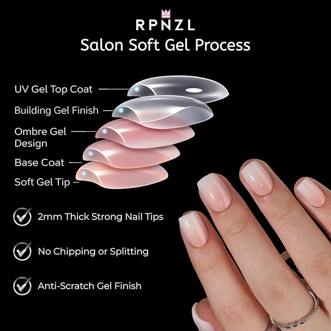 RPNZL Press On Nails - Peach | Short Squoval Ombre French Tip, UV Finish, Reusable Salon Quality | 16 Sizes - 32 Nails, 16 Sizes Kit with Glue and Adhesive Tabs I Female Founded