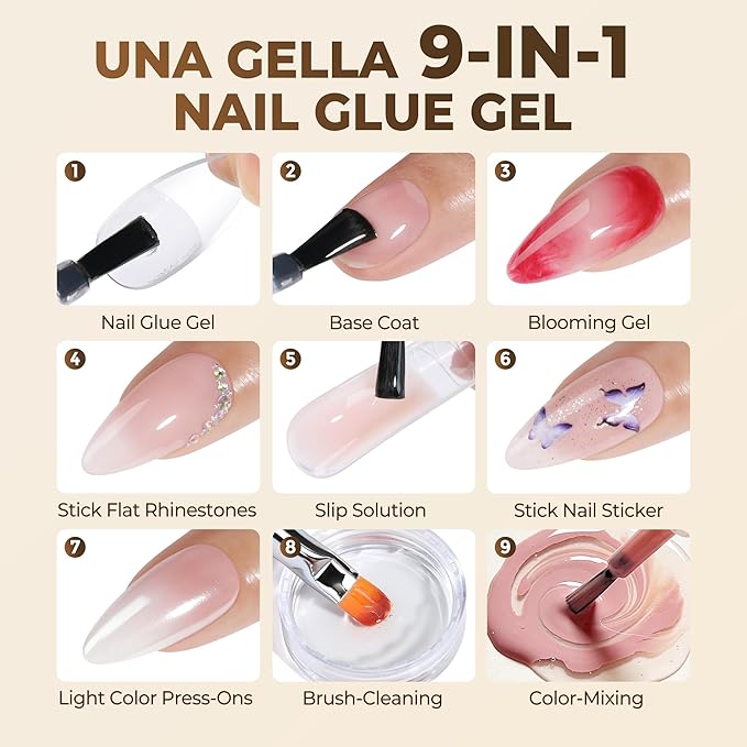 UNA GELLA 9 in 1 Gel Nail Glue for Clear Acrylic Nails Tips 2Pcs 10ml Long Lasting Super Strong Brush on Nail Gel Glue for False Press on Nails Tips Base Blooming Gel, U V Light Required
