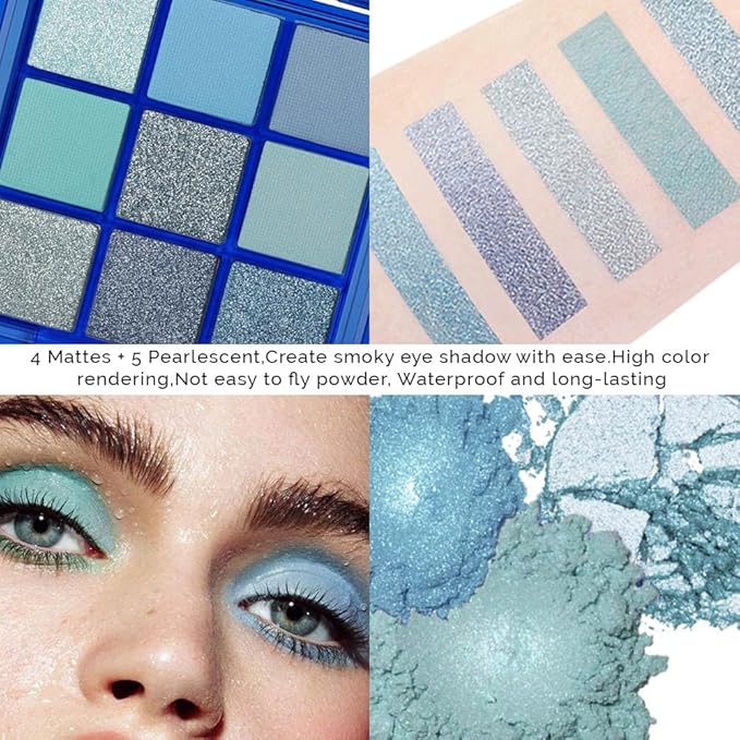 evpct 9 Colors Blue Glitter Eyeshadow Palette, Glitter Dark Light Royal Cobalt Baby Sky Navy Blue Metallic Shimmer Sparkly Eye Shadow Palette Makeup for Older Women Eyes, Highly Pigmented Eyeshadow