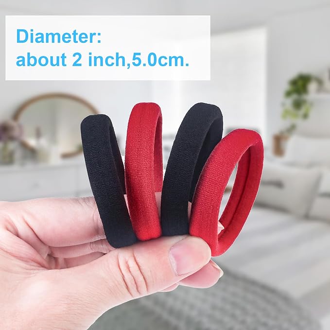100PCS No Damage Hair Ties for Thick Hair, Elastic Hair Bands for Women’s Hair No Crease, Large Soft Ponytail Holders, 2 inch in Diameter, Black and Red, by BAOLI