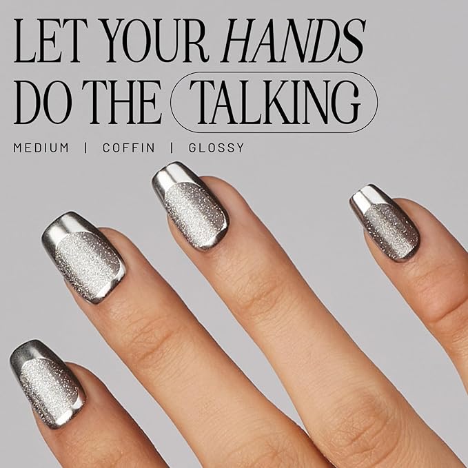 Lilac St - Press on Nails, Silver Lining (30 Nails, 15 Sizes) - Medium, Coffin, Glossy, Opaque - Brush-On Nail Glue, Nail File, Cuticle Stick, Prep Pad - Cruelty Free, Vegan, Women Founded