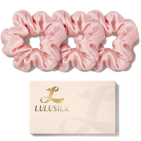 LULUSILK Silk Scrunchies for Hair Sleep, 100% Real Mulberry Silk, No Damage Hair Ties for Women and Girls, Elegant Lotus Pink, Pack of 3