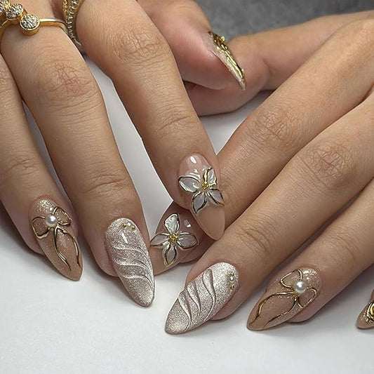 JONKASIPA French Almond Nail 3D Pink Floral Bow Nail Gloss Full Coverage Gel Patch Nails 24pcs Set