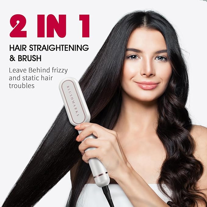 BLUSHMARKS Hair Straightener Brush with Nano Titanium - 30s Fast Heat Ionic Straightening Comb, 9 Temp LED Display & Anti-Scald, Professional Styling Gift for Women