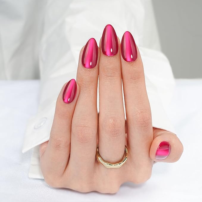 Canvalite Short Almond Press On Nails, 30Pcs Cat Eye Press on Nails Reusable Acrylic Fake Nails with Glue & Glue Remover Easy to Use Manicure Kit for Women, Rose Red