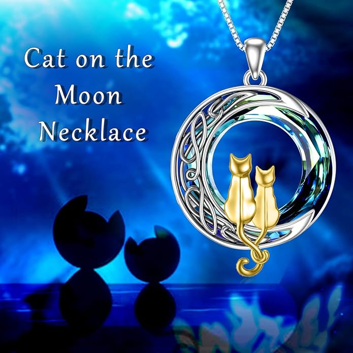 TOUPOP Cat Gifts for Cat Lovers One Two Three Four Cats Necklace Sterling Silver Cats on the Moon Pendant Necklace with Blue Circle Crystal Birthday Christmas Celtic Jewelry Gifts for Women