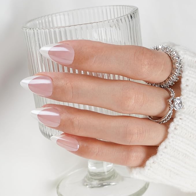 Canvalite French Tip Press On Nails Short, Chrome Almond Press on Nails Reusable Acrylic Fake Nails with Glue & Glue Remover Easy to Use 30Pcs Manicure Kit for Women, Natural White