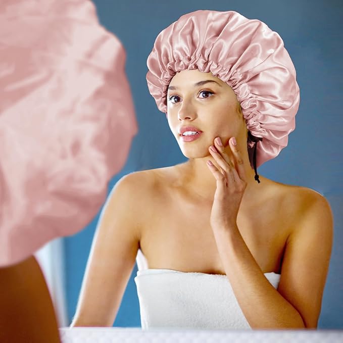 Satin Silk Bonnet for Curly Hair Bonnet Braid Bonnet for Sleeping Bonnets for Women Large Double-Layer Adjustable(Blush Pink)