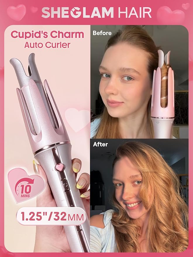 SHEGLAM Pink Curling Iron Automatic Gift for Woman (Pink, 1.25 inch) Cupid's Charm One-Touch Instant Curler